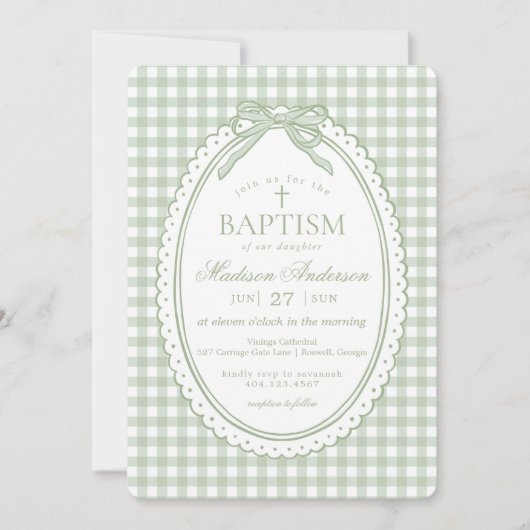 Groene Gingham Coquette Strik Doopfeestje Kaart (Voorkant)