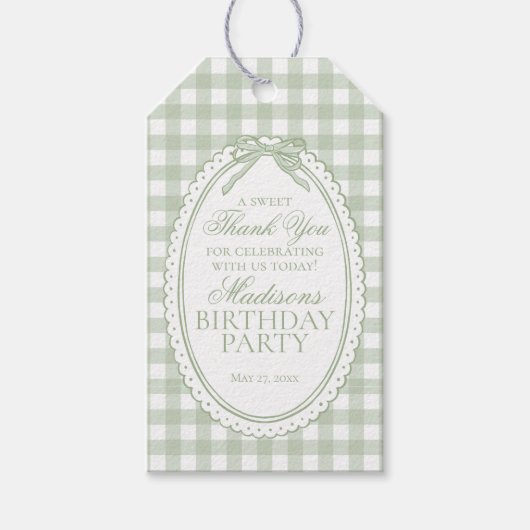 Groene Gingham Coquette Strik Verjaardagsfeest Fav Cadeaulabel (Voorkant)