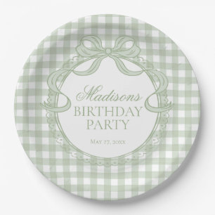 Groene Gingham Coquette Strik Verjaardagsfeestje Papieren Bordje