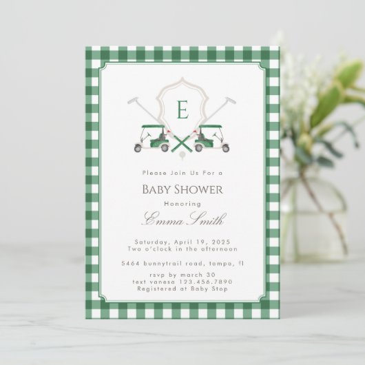 Groene Gingham Crest Monogram Golf Baby Shower Kaart (Staand voorkant)