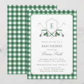 Groene Gingham Crest Monogram Golf Baby Shower Kaart (Voorkant / Achterkant)