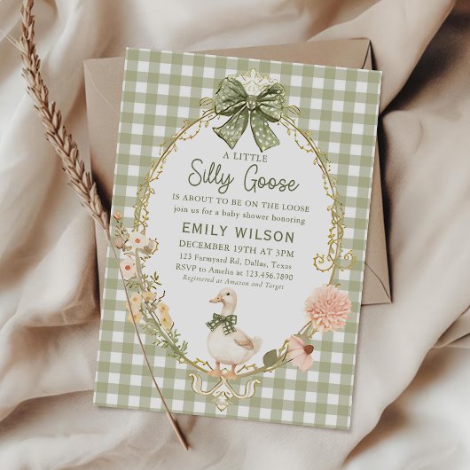 Groene Gingham Dwaas Gans Babyshower Uitnodiging