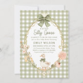 Groene Gingham Dwaas Gans Babyshower Uitnodiging (Voorkant)