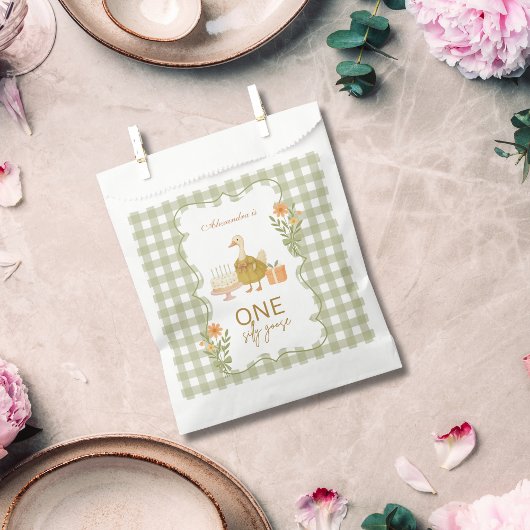 Groene Gingham Dwaze Gans 1e Verjaardag Bedankzakje