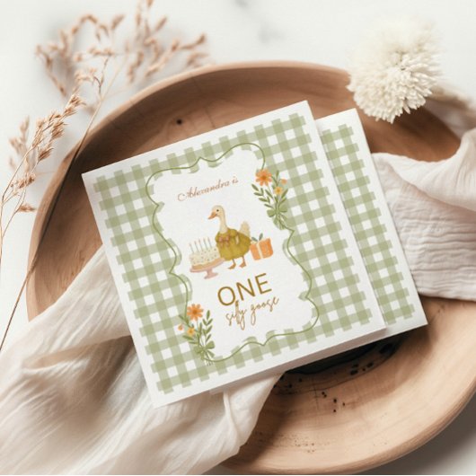 Groene Gingham Dwaze Gans 1e Verjaardag Servet