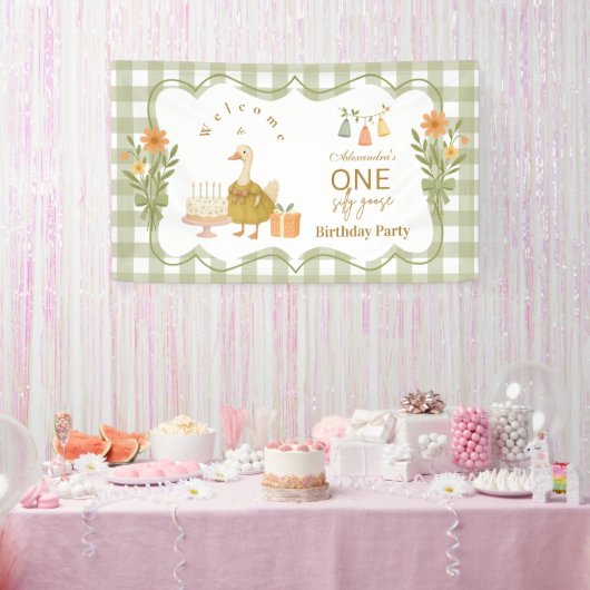 Groene Gingham Dwaze Gans 1e Verjaardag Spandoek (Feest)