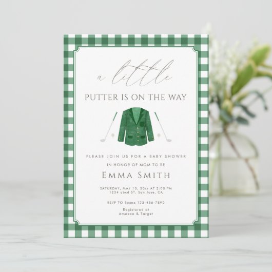 Groene Gingham Een Klein Putter Golf Baby Shower Kaart (Staand voorkant)