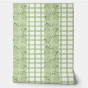 Groene Gingham en Floral Motief Wallpaper Behang