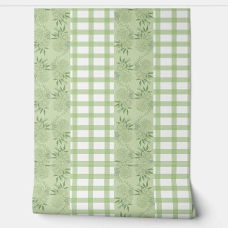 Groene Gingham en Floral Motief Wallpaper Behang