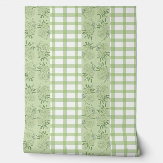 Groene Gingham en Floral Motief Wallpaper Behang (Afrollen)