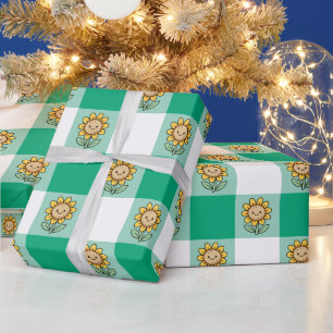 Groene Gingham en Gele Zonnebloemen Cadeaupapier