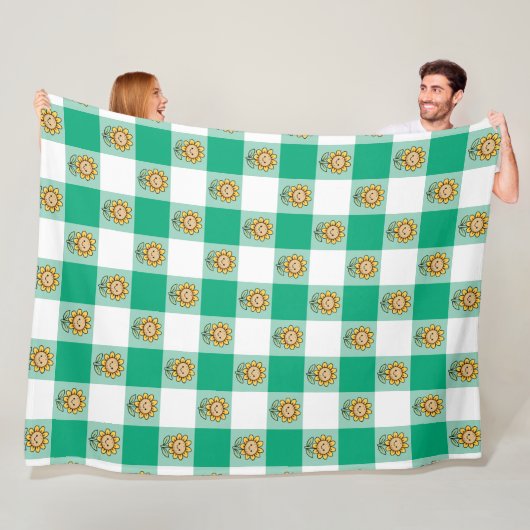 Groene Gingham en Gele Zonnebloemen Fleece Deken (In situ)
