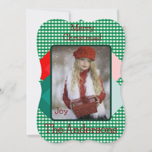 Groene Gingham en Rode Driehoeken Voeg Foto Toe Feestdagenkaart