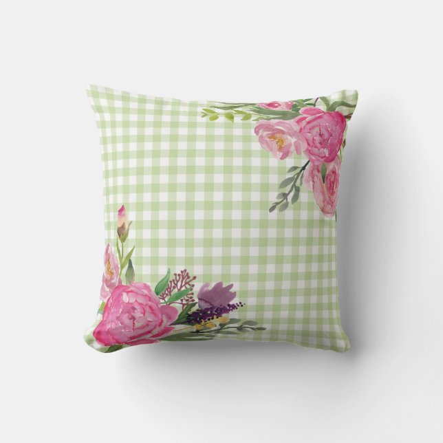 Groene Gingham en Roze Pioenrozen Outdoor Kussen (Voorkant)