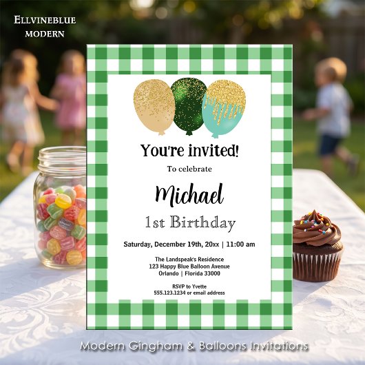 Groene Gingham, Feestballonnen 1e Verjaardag Kaart