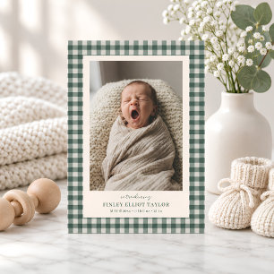 Groene Gingham Geruite Pasgeboren Foto Baby Jongen Aankondiging