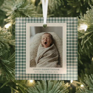 Groene Gingham Geruite Pasgeboren Foto Baby Jongen Glas Ornament