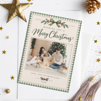 Groene Gingham Gezinsfoto Kerstkaart