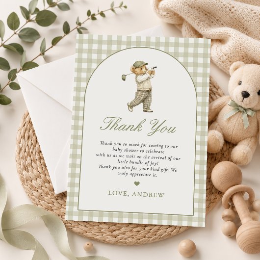 Groene Gingham Golf Jongen Baby Borrel Bedankkaart