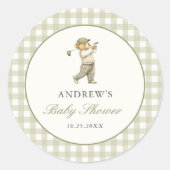 Groene Gingham Golf Jongen Baby Borrel Ronde Sticker (Voorkant)