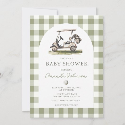 Groene Gingham Golf Jongen Baby Shower Uitnodiging (Voorkant)