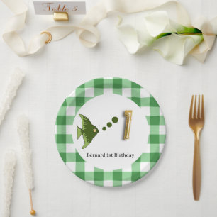 Groene Gingham Gouden Folie Ballon Vis 1e Verjaard Papieren Bordje