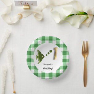Groene Gingham Gouden Folie Ballon Vis 1e Verjaard Papieren Kommen