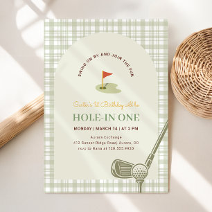 Groene Gingham Hole in One Golf Eerste Verjaardag Kaart