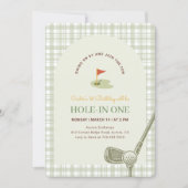 Groene Gingham Hole in One Golf Eerste Verjaardag Kaart (Voorkant)