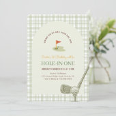 Groene Gingham Hole in One Golf Eerste Verjaardag Kaart (Staand voorkant)