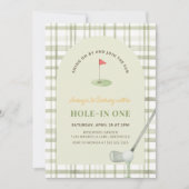 Groene Gingham Hole in One Golf Verjaardagsuitnodi Kaart (Voorkant)