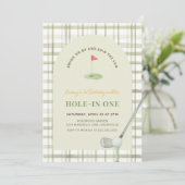 Groene Gingham Hole in One Golf Verjaardagsuitnodi Kaart (Staand voorkant)