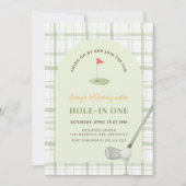 Groene Gingham Hole in One Golf Verjaardagsuitnodi Kaart (Voorkant)