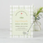 Groene Gingham Hole in One Golf Verjaardagsuitnodi Kaart (Staand voorkant)