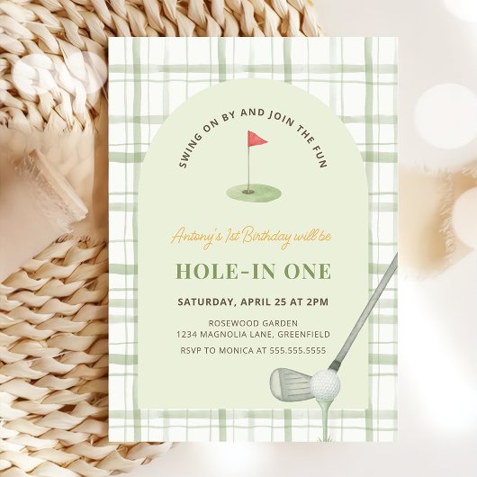 Groene Gingham Hole in One Golf Verjaardagsuitnodi Kaart