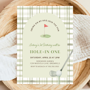 Groene Gingham Hole in One Golf Verjaardagsuitnodi Kaart