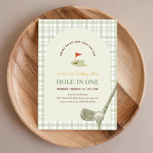 Groene Gingham Hole in One Kinder Golf Eerste Verj Kaart