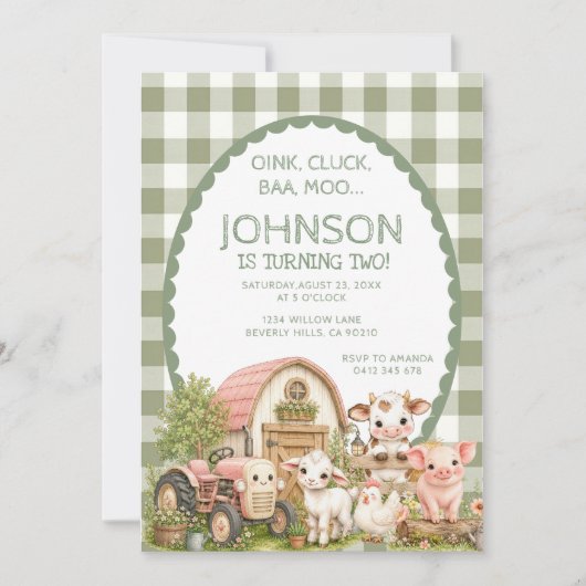 Groene Gingham Jongen Boerderij Feest Dier Kaart (Voorkant)