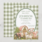 Groene Gingham Jongen Boerderij Feest Dier Kaart (Voorkant / Achterkant)