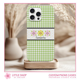 Groene Gingham Karo Bloem Monogram iPhone 15 Case