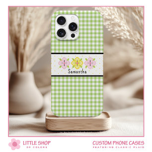 Groene Gingham Karo Bloem Monogram iPhone 15 Case