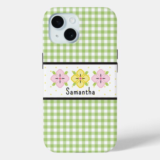 Groene Gingham Karo Bloem Monogram Case-Mate iPhone Case (Achterkant)