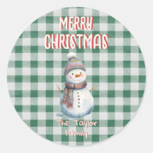 Groene Gingham Kerst Envelope Sticker | Sneeuwman