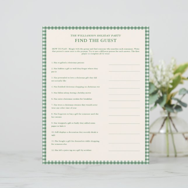 Groene Gingham Kerst Vind de Gast Feestspel (Staand voorkant)