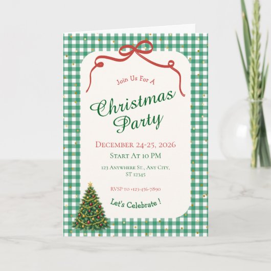 Groene Gingham Kerstfeest Uitnodigingskaart Kaart (Voorkant)