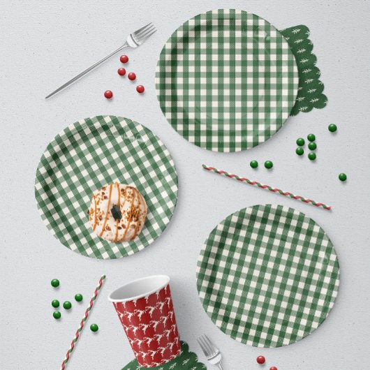 Groene Gingham Kerstmis Papieren Bordje