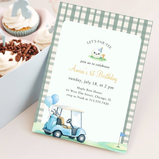 Groene Gingham Kinderen Golf Eerste Verjaardag Kaart
