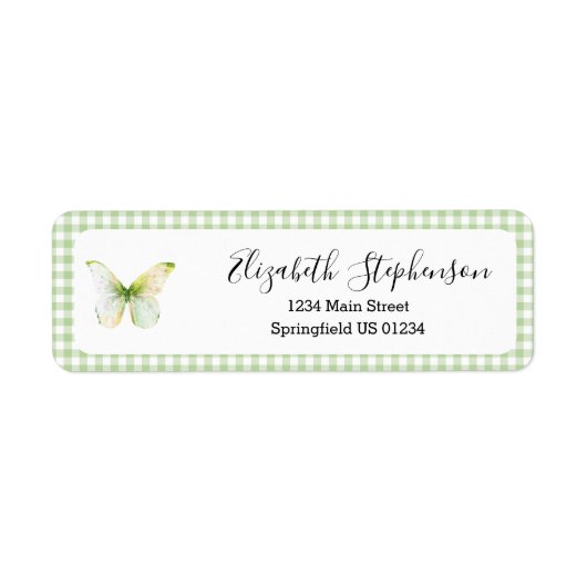 Groene Gingham Kleine Vlinder Retouradres Etiket (Voorkant)
