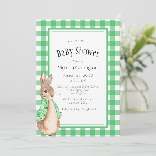 Groene Gingham Konijn Baby Shower Kaart (Staand voorkant)