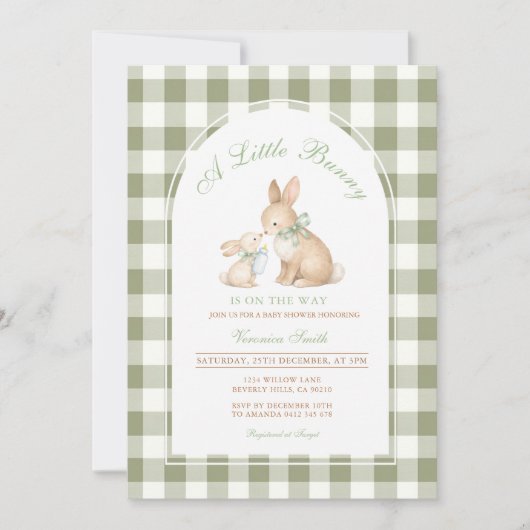 Groene Gingham Konijn Lente Pasen Baby Shower Kaart (Voorkant)